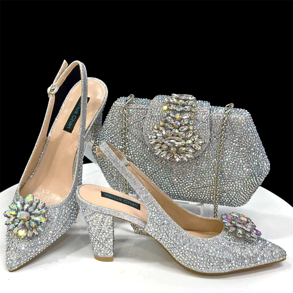 Nigerian Women Heel Party Ladies Italian Design Shoes And Bag Set Decorated with Rhinestone Handbag Wedding Party