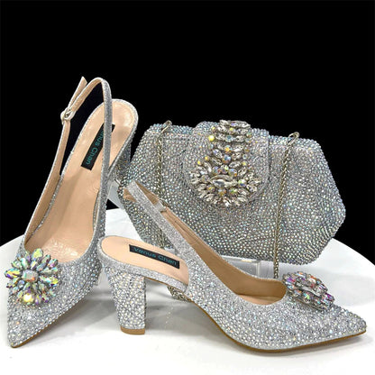 Nigerian Women Heel Party Ladies Italian Design Shoes And Bag Set Decorated with Rhinestone Handbag Wedding Party