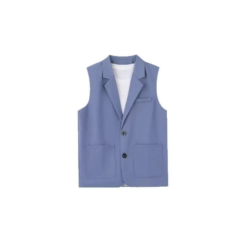 Summer Suit Vest Turn Down Collar Single-breasted Male Waist Sleeveless Pocket Versatile Business Casual Man Coat