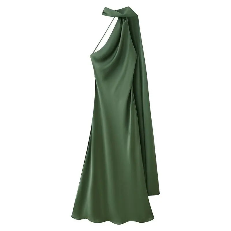 Elegant Long Silk Satin Dress Neck Hanging Pure Color Slim Fit Summer New Fashion Women's Dress City Commuting Casual Wedding