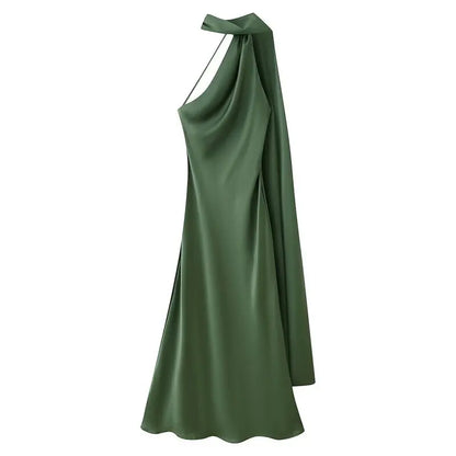 Elegant Long Silk Satin Dress Neck Hanging Pure Color Slim Fit Summer New Fashion Women's Dress City Commuting Casual Wedding