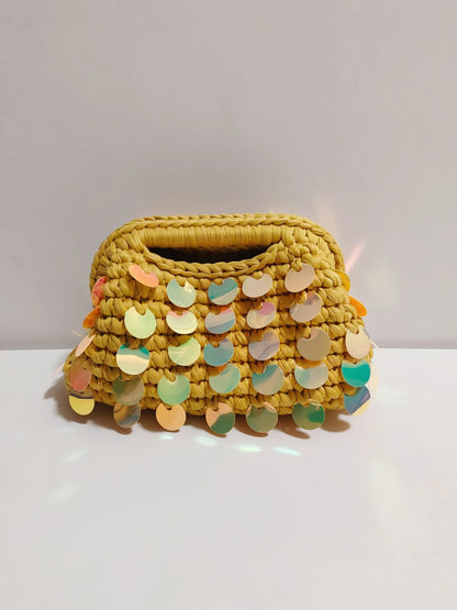 Yingzi Small Sequin Crochet Cluth Bag with Shine Paillettes Handmade Evening Bag Makeup Bag