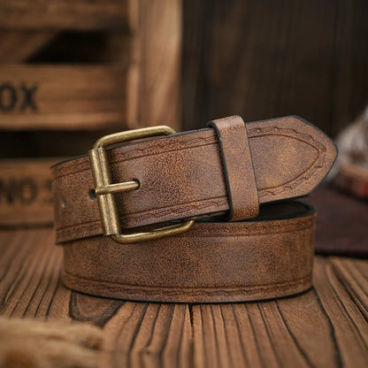 A Men's and Women's Matching Belt with Retro Button Closure, PU Faux Thread Embossed Belt, Casual Style, Versatile.