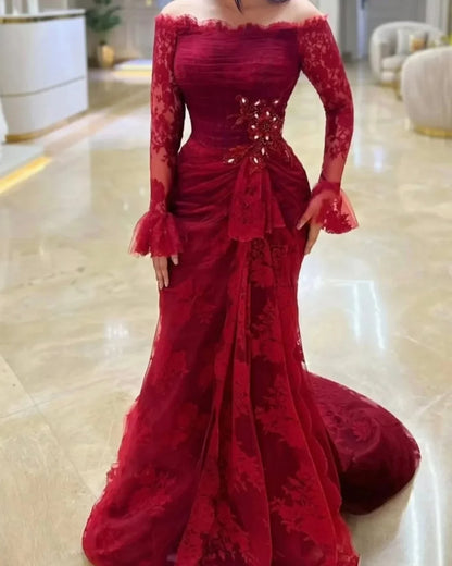 Customized High Quality Intricate Lace Handmade Flower Ruched Mermaid Off-the-shoulder Long Dresses Bespoke Occasion Dresses