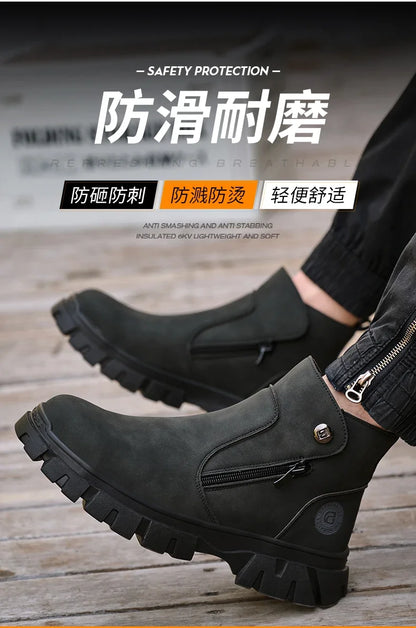 Steel Toe Work Boots side zipper anti-slip work shoes  Anti-Smash Anti Puncture industrial construction waterproof safety shoes