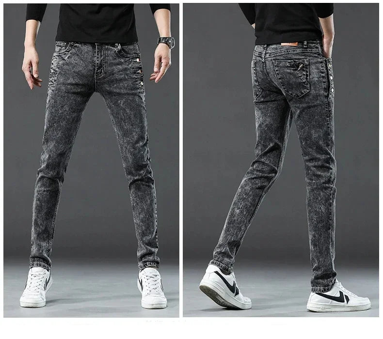 Men's Vintage Jeans Designer Korean Fashion Snowflake Wash Stretch Straight Pencil Pants Classic Slim Male Denim Trousers