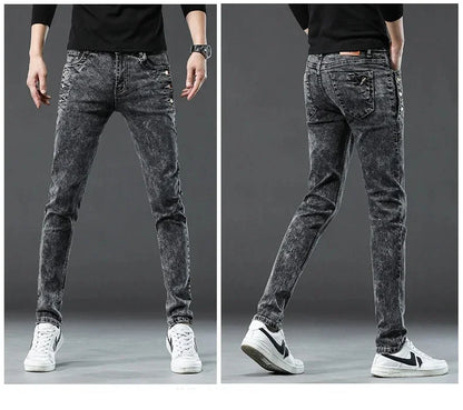 Men's Vintage Jeans Designer Korean Fashion Snowflake Wash Stretch Straight Pencil Pants Classic Slim Male Denim Trousers