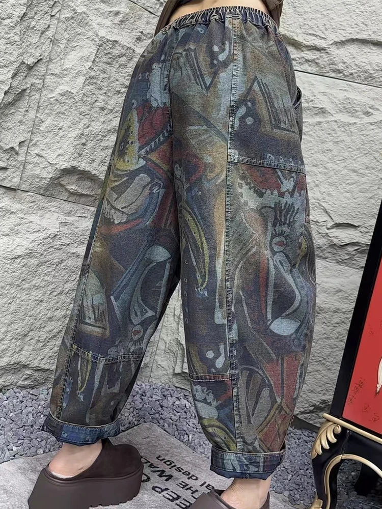 Fashion Loose Printed Vintage Womens Spring Denim Pants Patchwork Jeans Ladies Classic Casual Punk Wide Leg Trousers