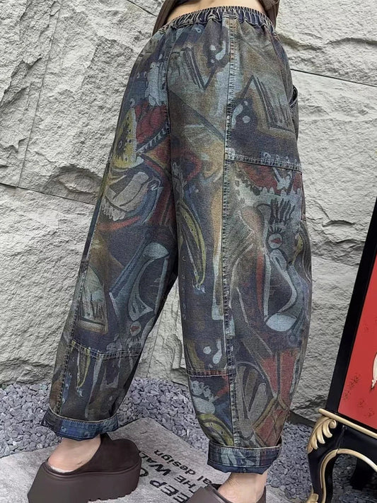 Fashion Loose Printed Vintage Womens Spring Denim Pants Patchwork Jeans Ladies Classic Casual Punk Wide Leg Trousers