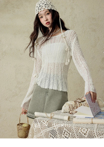 Women 's Apricot White Hollow Knitted Sweater Spring 2025 Mohair Cover Drop Sleeve Top Strapless Slim Tube Top MXE12Z1120