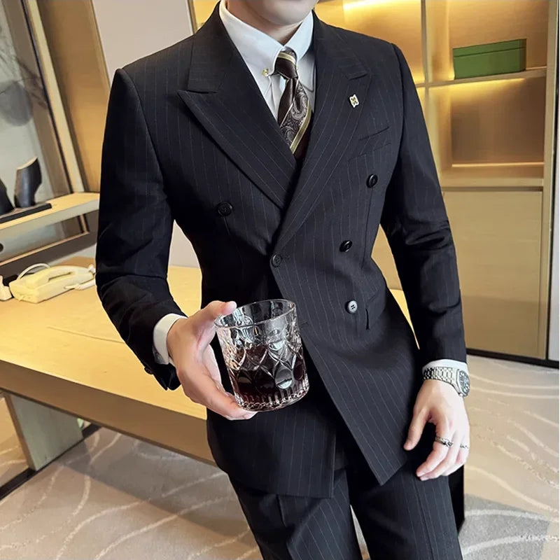 7XL-M ( Jacket + Pants ) Latest 2024 Stripe Design Double Breasted Men Suit 2 Piece Groom Wedding Business Slim Fit Prom Tuxedos