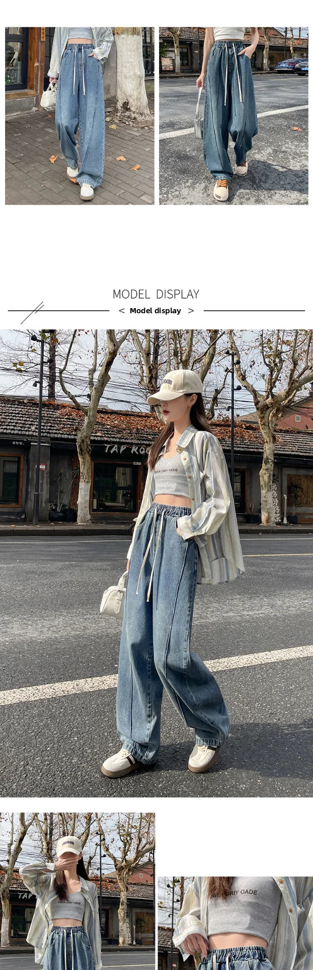 High Waist Wide Leg Jeans Women's Loose Fit Dstring Elastic Waist Long Trousers Blue Denim Spring Season Faion plus Size
