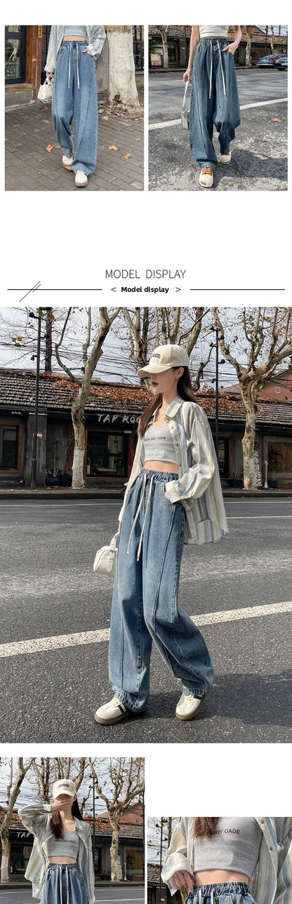 High Waist Wide Leg Jeans Women's Loose Fit Dstring Elastic Waist Long Trousers Blue Denim Spring Season Faion plus Size