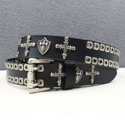 Rock Genuine Leather Luxury Punk Belt Jeans Heavy duty Hollow manual  Designer Brand Belt Men Rivet Three-pin buckle Belt Male