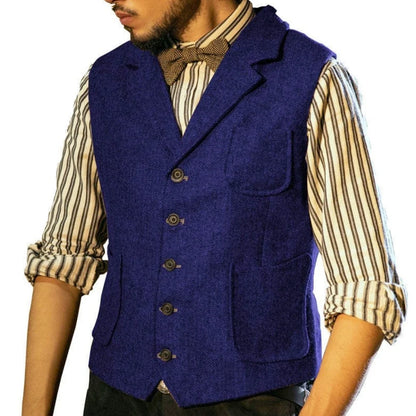 Men Vest Blue Herringbone Single Button With Lapel Pocket Waistcoat For Banquet Business Office Work Casual Daily Men Suit Vest