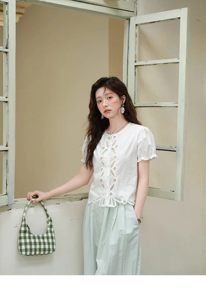 100%Cotton Hollow Embroidery Round Neck Shirt for Women 2025 Summer Puff Sleeve Casual Top Women's Clothing MXE39X1938