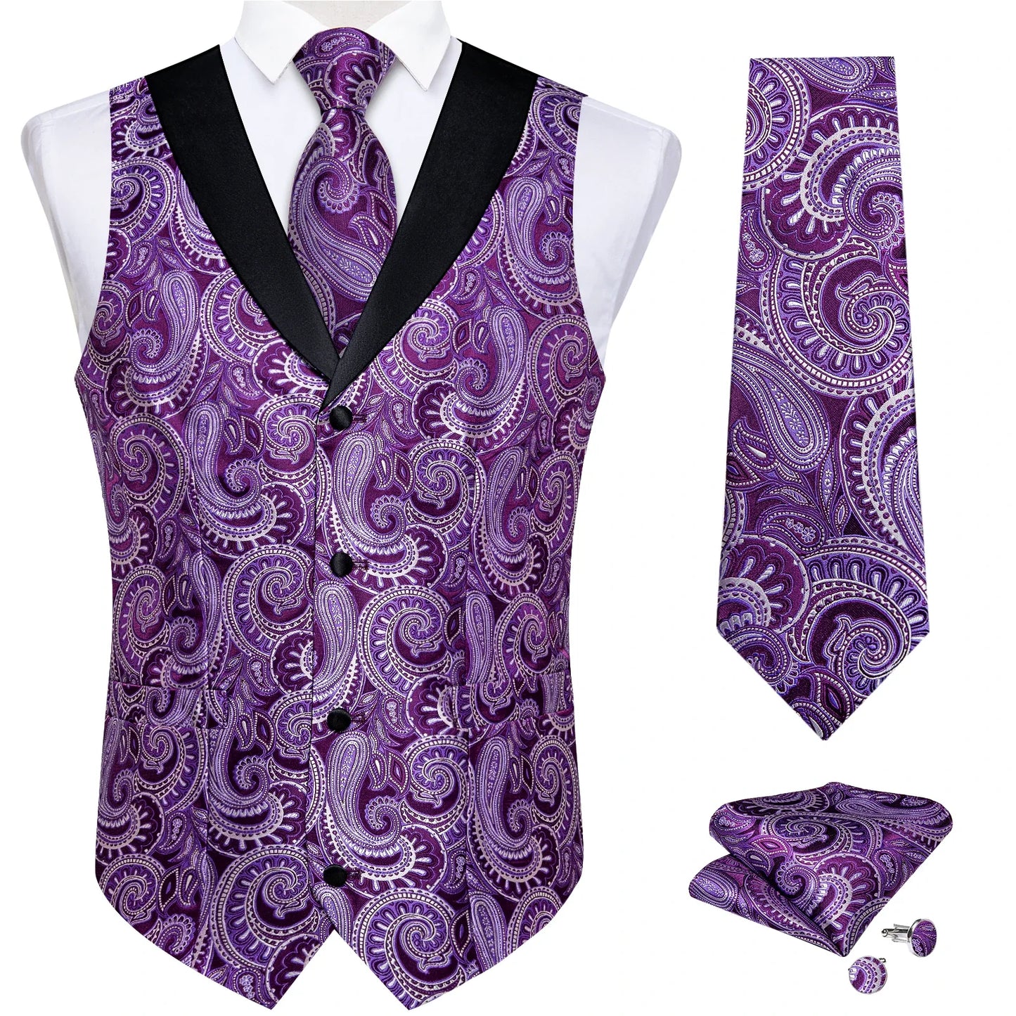 Men's Paisley  Suit Vest with Macthing Golden Paisley Neck Tie Handkerchief Cufflinks Wedding Prom Tuxedo Waistcoat