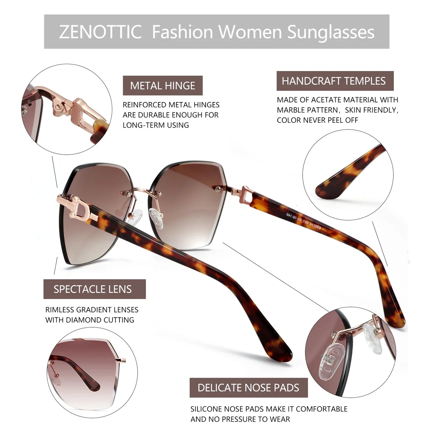 Fashion Women Rimless Sunglasses for Ladies Trendy Geometric Diamond Cutting Gradient Lens UV Protection Shades