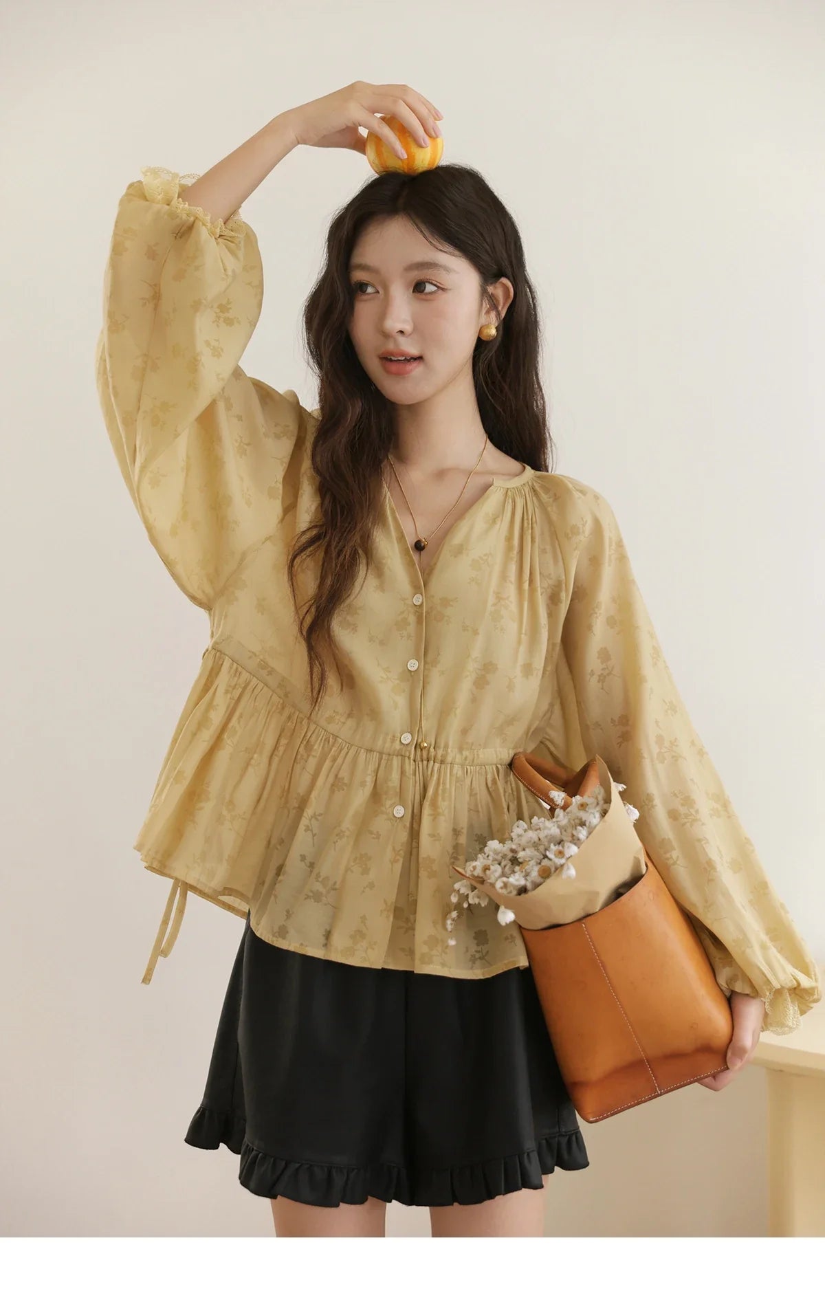 Elegant Woman Shirt 2025 Autumn Yellow Printing Lantern Sleeves Shirt Commute Drawstring Waist Lace Trim Top MXE45X2499