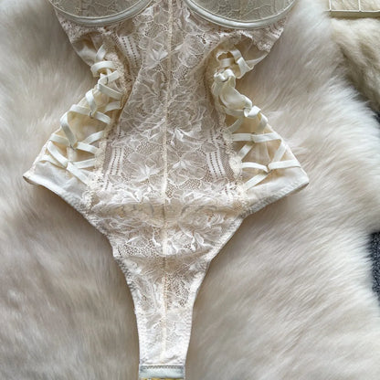Sexy Lace Push Up Bodysuit See Through Mesh Patchwork Sleeveless Slim Thin One Pieces Elegant Women's Strappy Lingerie