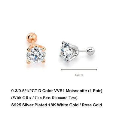 4 Prong GRA Certified 0.3-2CT D Color Moissanite Earrings for Women Men 925 Silver Plated 18K Gold Party Ear Studs Gift