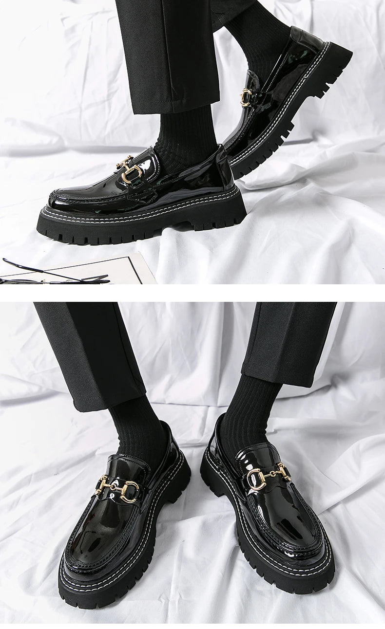 New Men Patent Leather Loafers Fashion Casual Shoes Male Thick Sole Increased Height Slip On Breathable Comfortable Driving Shoe