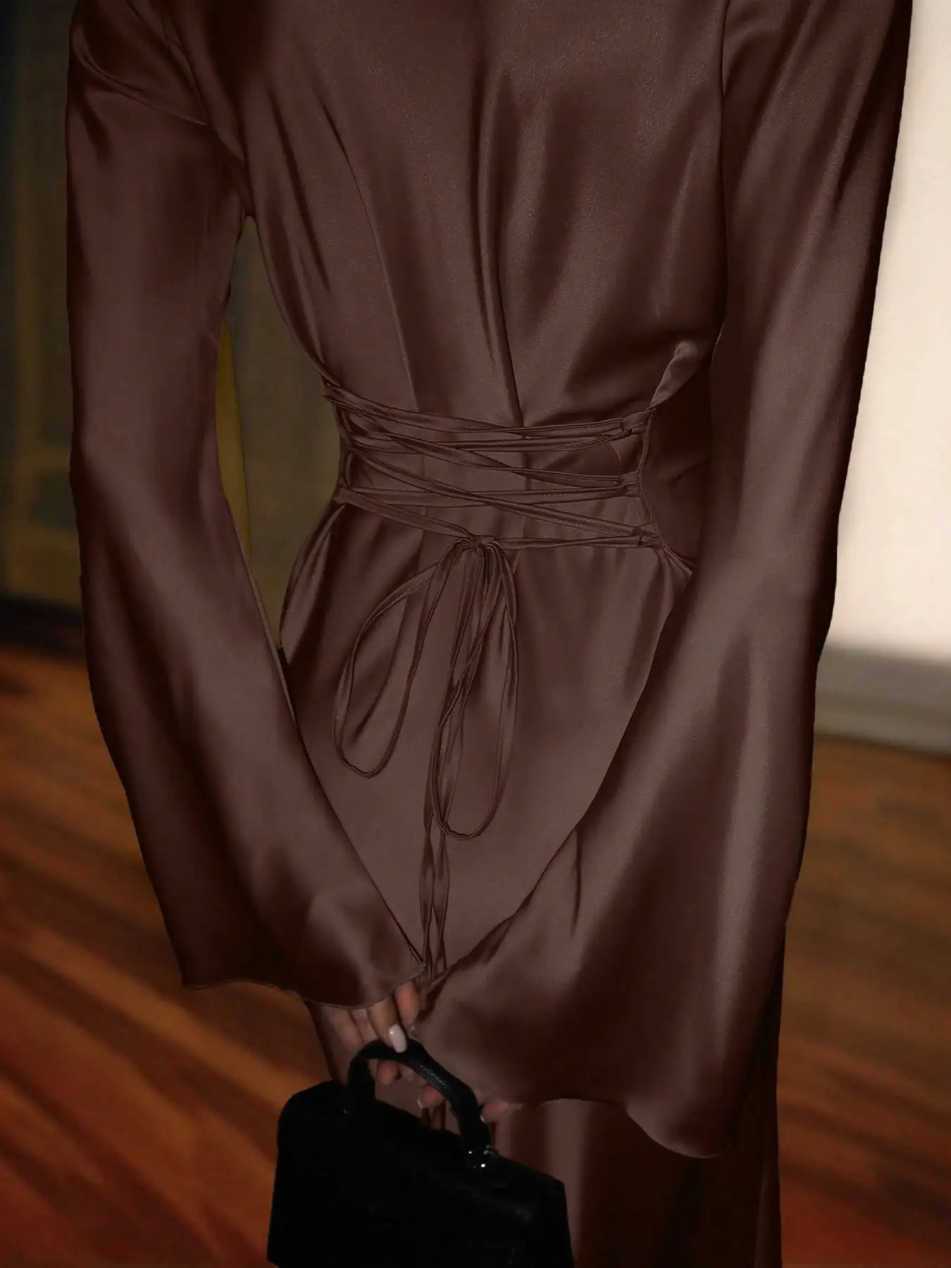 Women's Bespoke Satin Maxi Dress with Corset Waist Tie Classic Round Neck & Dramatic Flared Sleeves Luxury Evening Dress