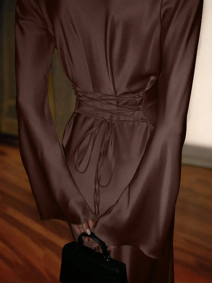Women's Bespoke Satin Maxi Dress with Corset Waist Tie Classic Round Neck & Dramatic Flared Sleeves Luxury Evening Dress