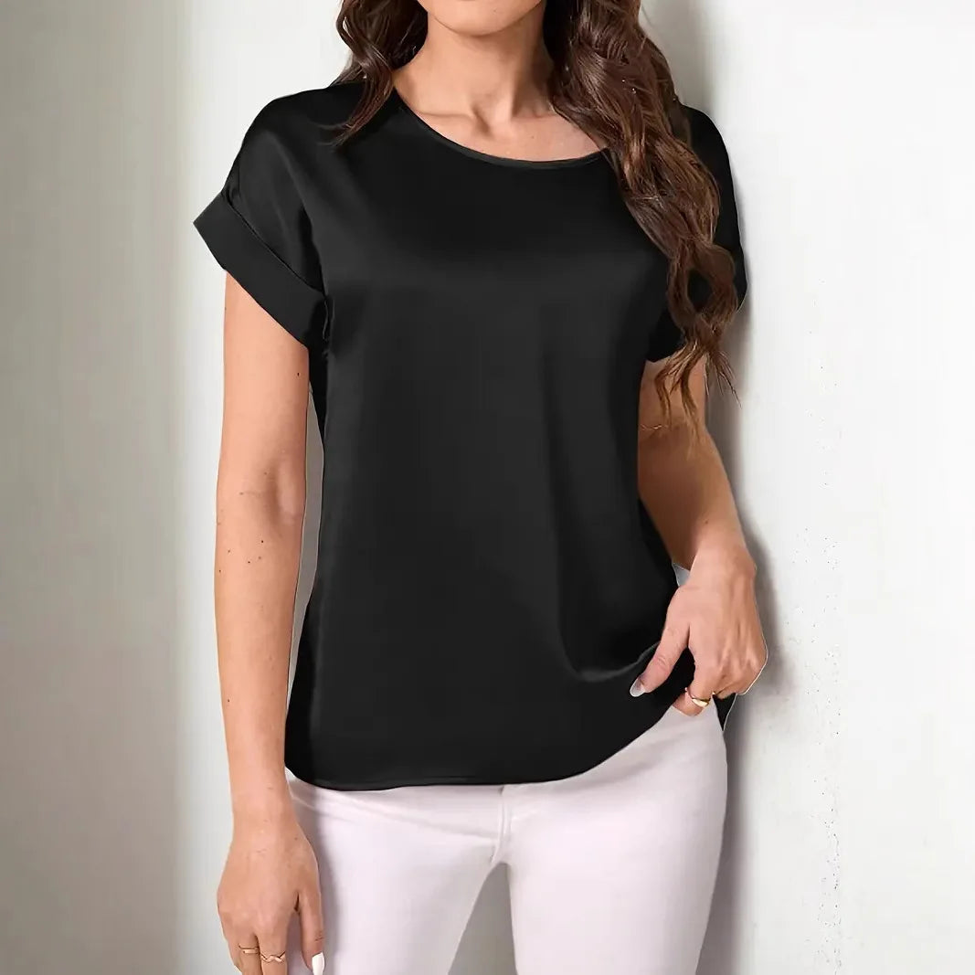 2025 Women's Clothing Summer New Simple Style Round Neck Solid Color Light Sensation Short Sleeve Loose T-shirt