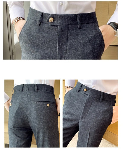 Boutique Classic Plaid and Striped Fashion Men's Casual Business Slim Suit Pants Groom Wedding Dress Trousers Party