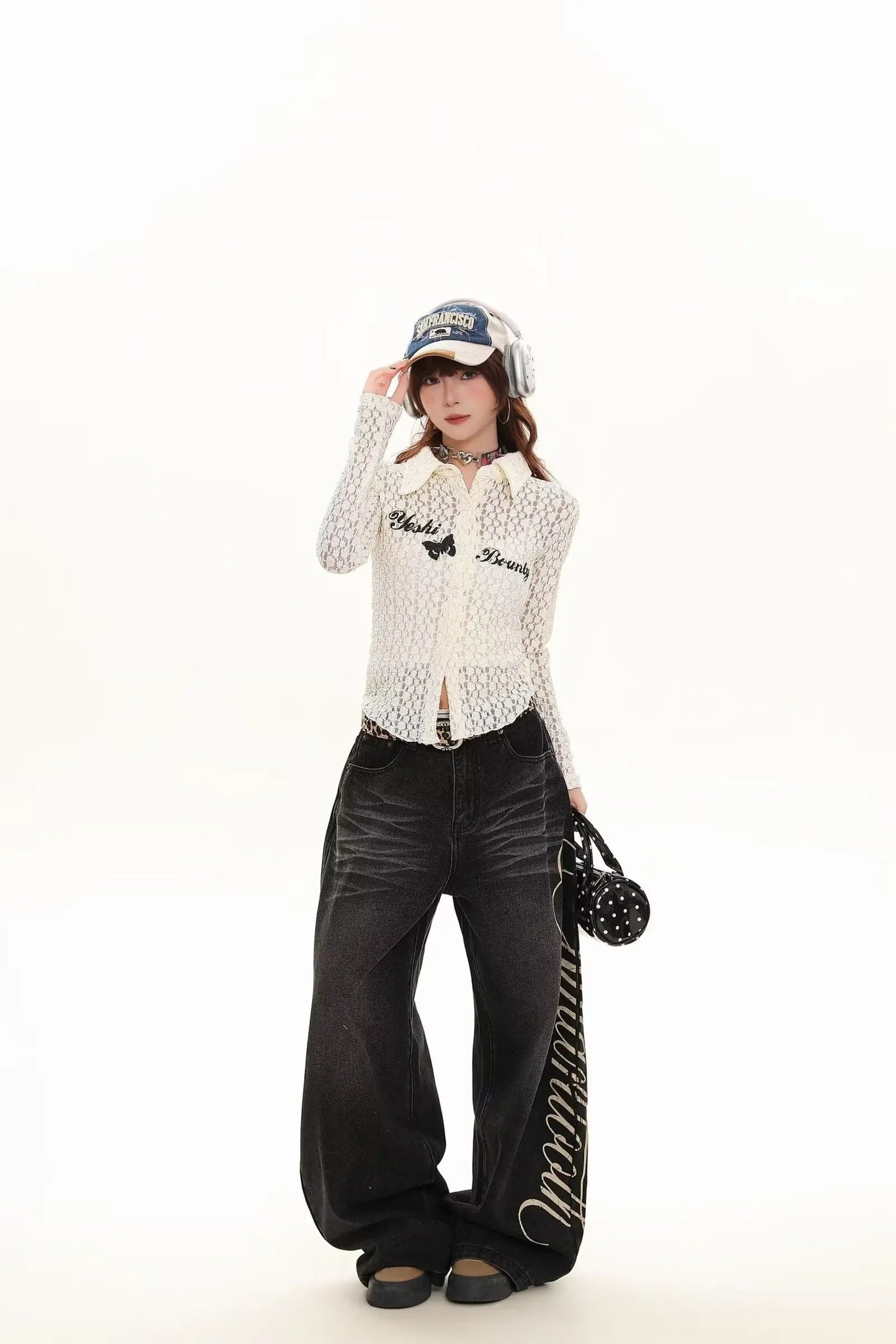 Blue Loose Wide Leg Jeans Women's Fashion High Waist Straight Cut Casual Trousers Autumn New Style Slimming Effect Cotton Pol...
