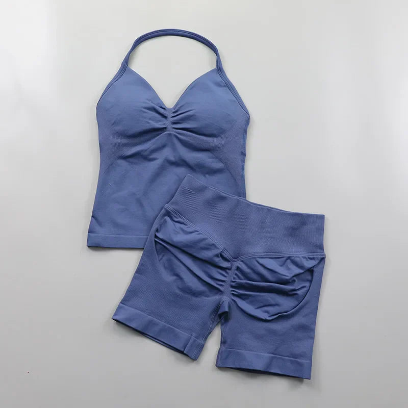 Yoga Longline Strappy Top Leggings Set Women's Backless Camisole Built-In bra Vest High-Waisted Hip Lift Gym Shorts Sports Set