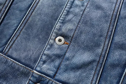 Men's Motorcycle Leather Jacket Light Blue Ami Khaki Retro Graphite Distressed Denim Genuine Leather Jacket Slim Short Jacket