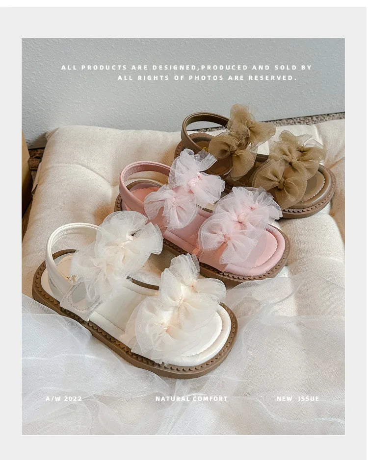 Sweet Princess Shoes Girl Tulle Lace Butterfly-knot Chic Summer Wedding Party Shoes Sandals for Child Girls Holiday Shoes I11155