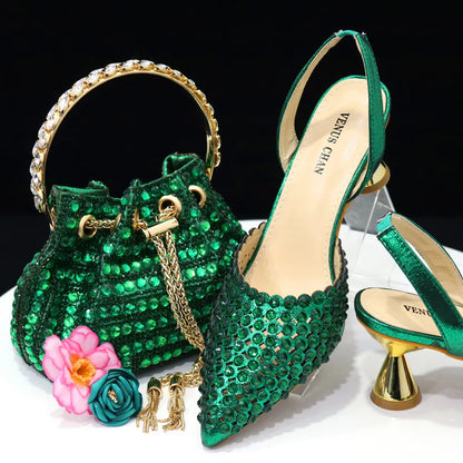 2023 New INS High-Heeled Pointed Toe Wedding Shoes Colorful Full Diamond Design Shoe and Bag Set for Nigeria Party