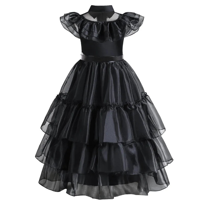2026 Halloween Festival Popular Black Dress Girls Cosplay Short Sleeve Ruffles Clothing With Belt + Accessories Set Gift