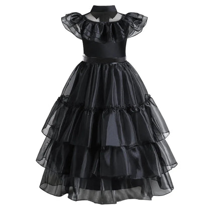 2026 Halloween Festival Popular Black Dress Girls Cosplay Short Sleeve Ruffles Clothing With Belt + Accessories Set Gift