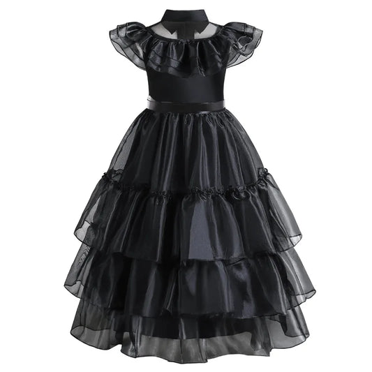 2026 Halloween Festival Popular Black Dress Girls Cosplay Short Sleeve Ruffles Clothing With Belt + Accessories Set Gift