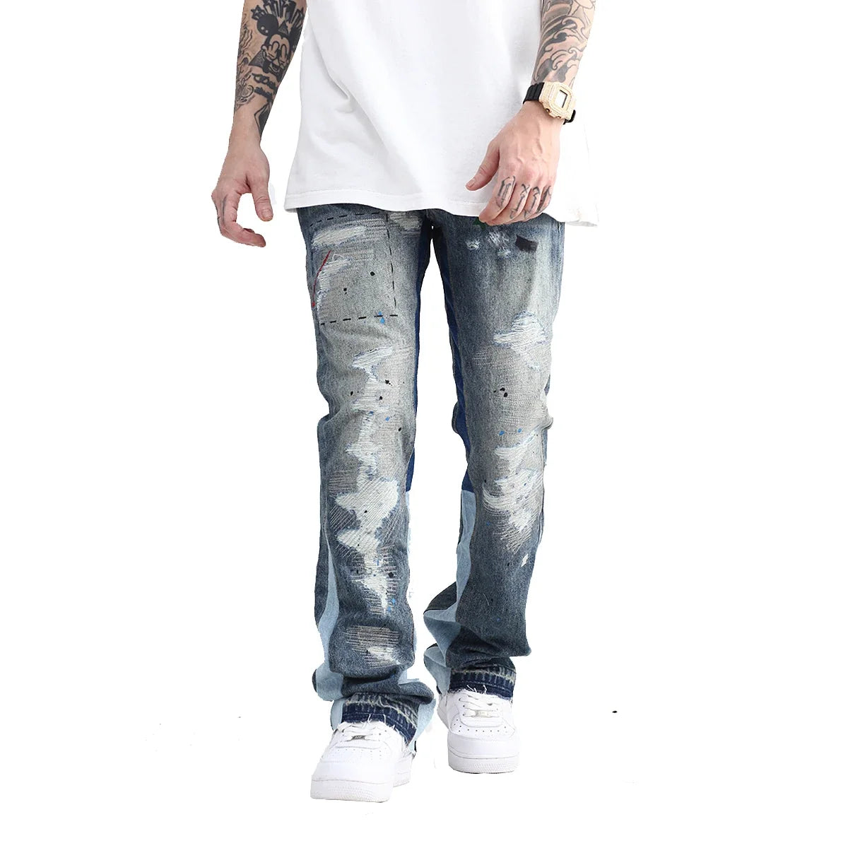 Blue Speckle Ink Washed Flared Jeans Slim Fit Hip Hop Graffiti Ripped Denim Pant Men Streetwear Vintage Wide Leg Jean Pants Y2k