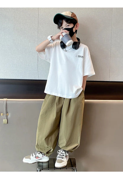 Teens Children's Summer Sets for Boys Clothing Cotton Set 2025 New Fashion Kids Loose Handsome T-shirt+ Lantern Pants Set Outfit