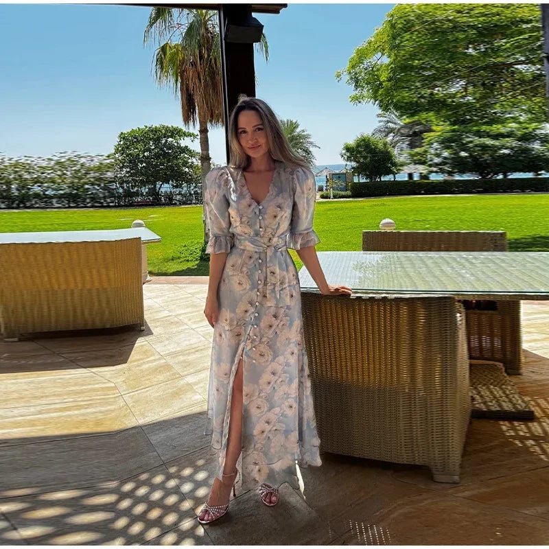 V-neck Organza Floral Chiffon Puff Sleeve Slit Long Dress Bodycon High Slit Bodycon Sexy Dresses Lady Chic Daily Sweet Date Robe