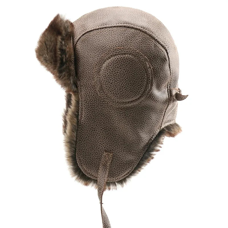 Men Winter Bomber Hat With Goggles Outdoor Motorcycle Windproof Warm Faux Fur Pilot Earflap Hat Leather Thermal Ushanka