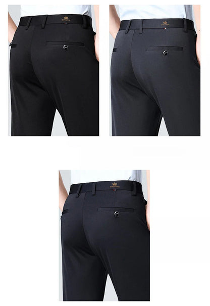 High-stretch fabric men's business trousers suitable for all seasons, featuring an elastic waistband and classic office/work for