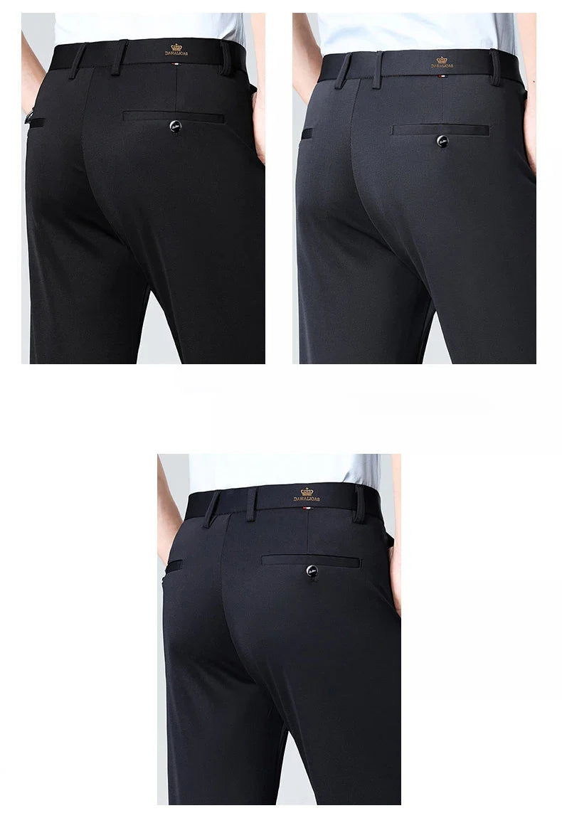 High-stretch fabric men's business trousers suitable for all seasons, featuring an elastic waistband and classic office/work for