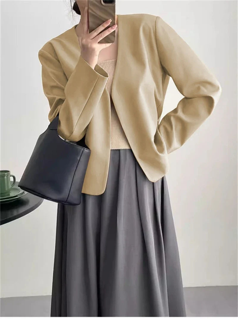 2025 Spring Autumn Fashion New Women's Suit Jackets Solid Short Coats Korean Blazers Long Sleeve Cardigan Coat Without Placket