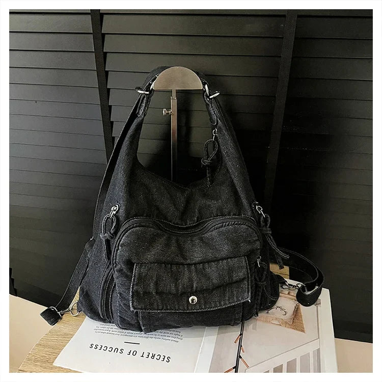Solid Color Denim Trendy Shoulder Bag for 2025 High Quality Fashion Zipper Large Capacity Versatile Women's Crossbody Bag
