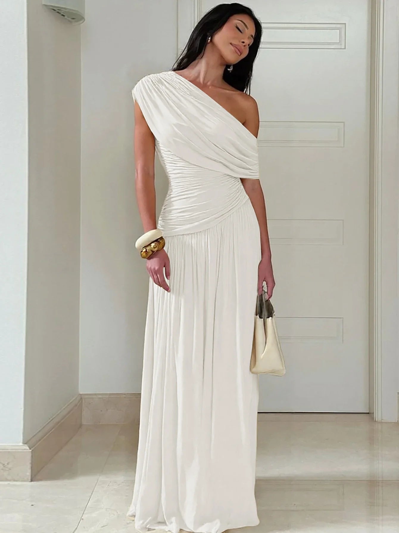 One Shoulder Ruched Sleeveless Solid Pleated Sexy Irregular Y2K Maxi Dress Summer Elegant Party Women Clothes Vacation