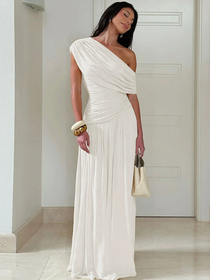 One Shoulder Ruched Sleeveless Solid Pleated Sexy Irregular Y2K Maxi Dress Summer Elegant Party Women Clothes Vacation