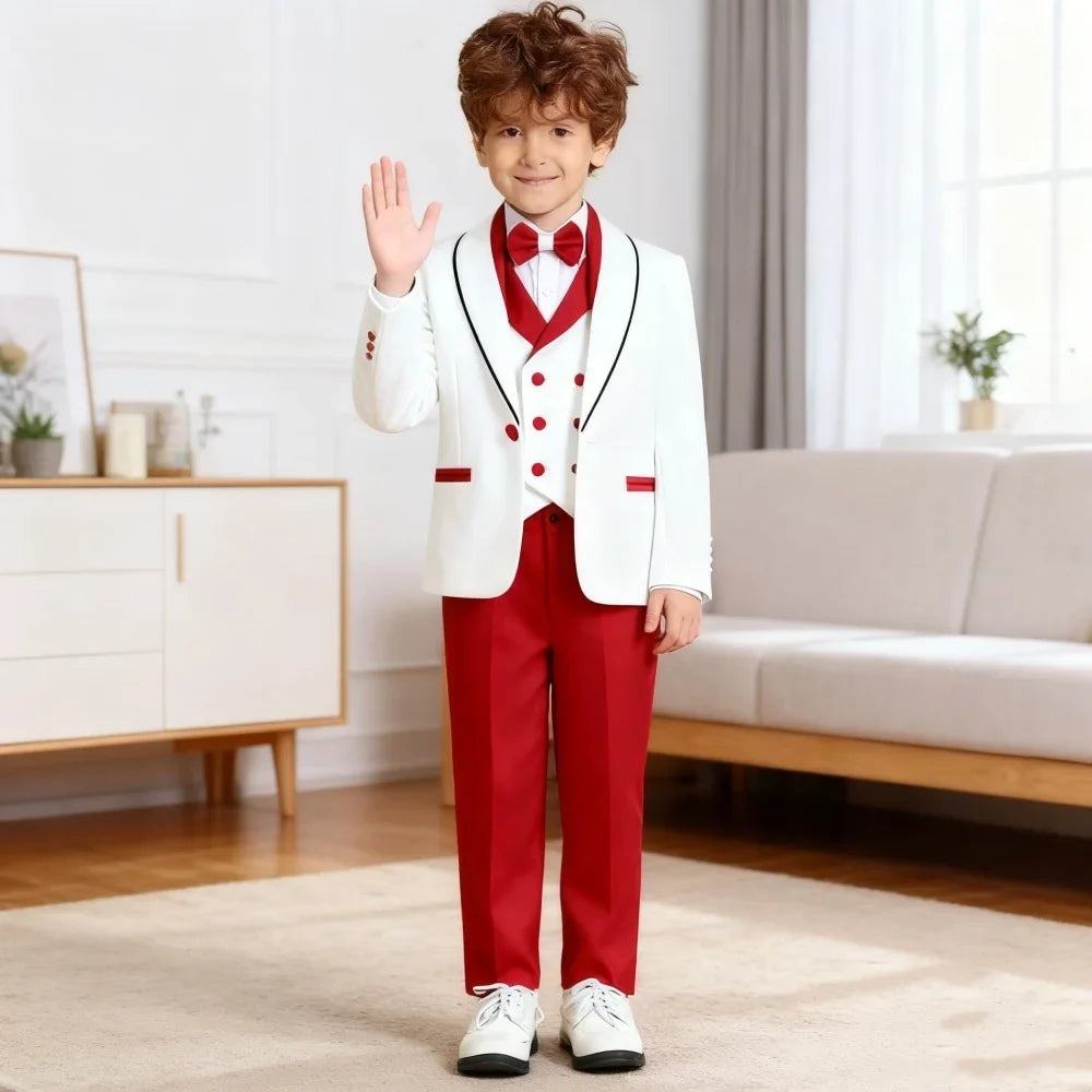 Hot Selling Red White Contrast Boys Formal Suit Set 3-14 Years 2026 4 Piece Kids Wedding Tuxedo Blazer Vest Pants Bow Tie