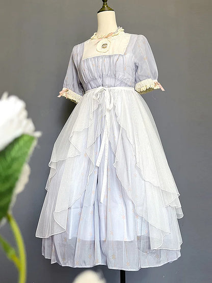 Sweet Lolita Asymmetrical Sheer Mesh Cover Up Curtain OP JSK Skirt Women Japanese Kawaii Elegant Double Layered Party Skirts